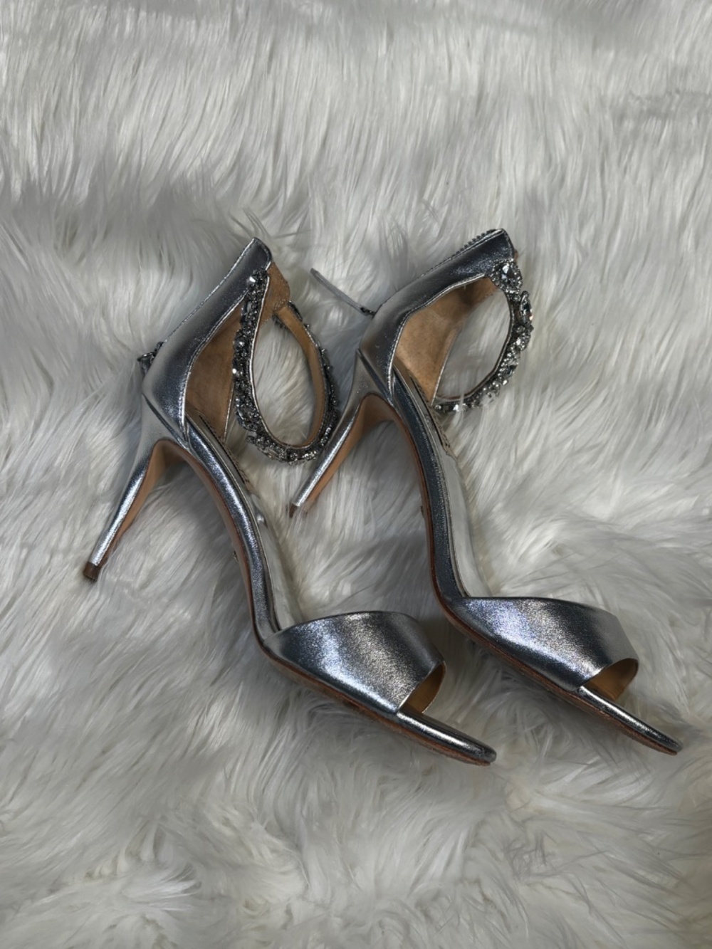 EUC [Badgley Mischka] Silver + Rhinestones Bridal Stiletto 3.5" High Heels | 7 - Picture 11 of 12